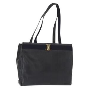 Salvatore Ferragamo Vala Tote Bag Leather Navy Gold Auth BA8751